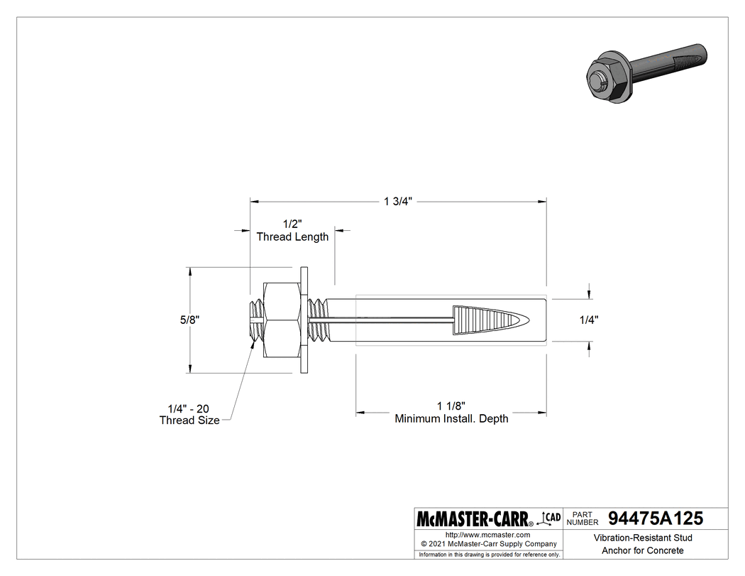 Technical Drawing of Vibration-Resistant Wedge Anchor for Concrete, 1/4" Diameter, 1-3/4" Long.